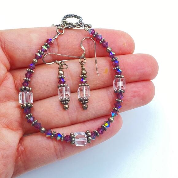 Vintage AB Faceted Crystal Bead Earrings Bracelet Sterling Silver Toggle - Picture 2 of 11